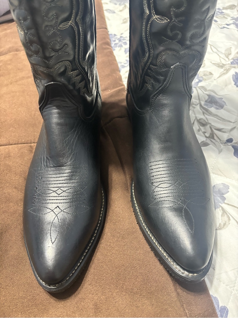 Double H 3225 Black Leather Cowboy Boots with Decorative Stitching Size 13EE